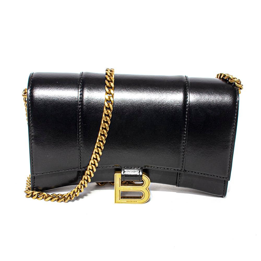 Balenciaga Hourglass Leather Wallet On Chain Bag in Black